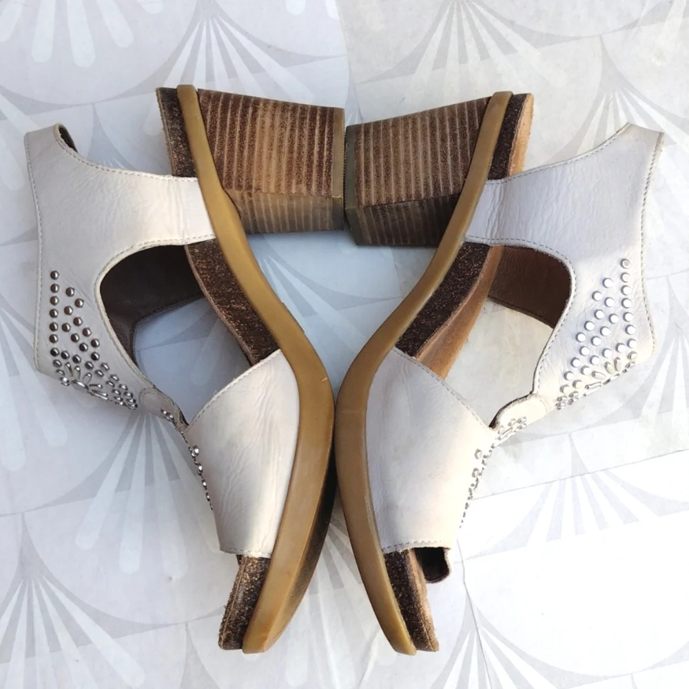 Women’s White Studded Leather Block Heel Sandals